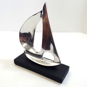 Sail Boat Spinnaker Silver Metal Aluminum Sculpture on Wood Stand - 8 in. tall